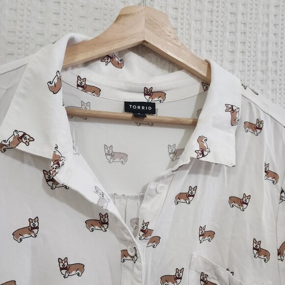 Torrid Plus Size White Corgi Print Stretch Challis Button-Front Shirt Size 3X - Picture 8 of 13